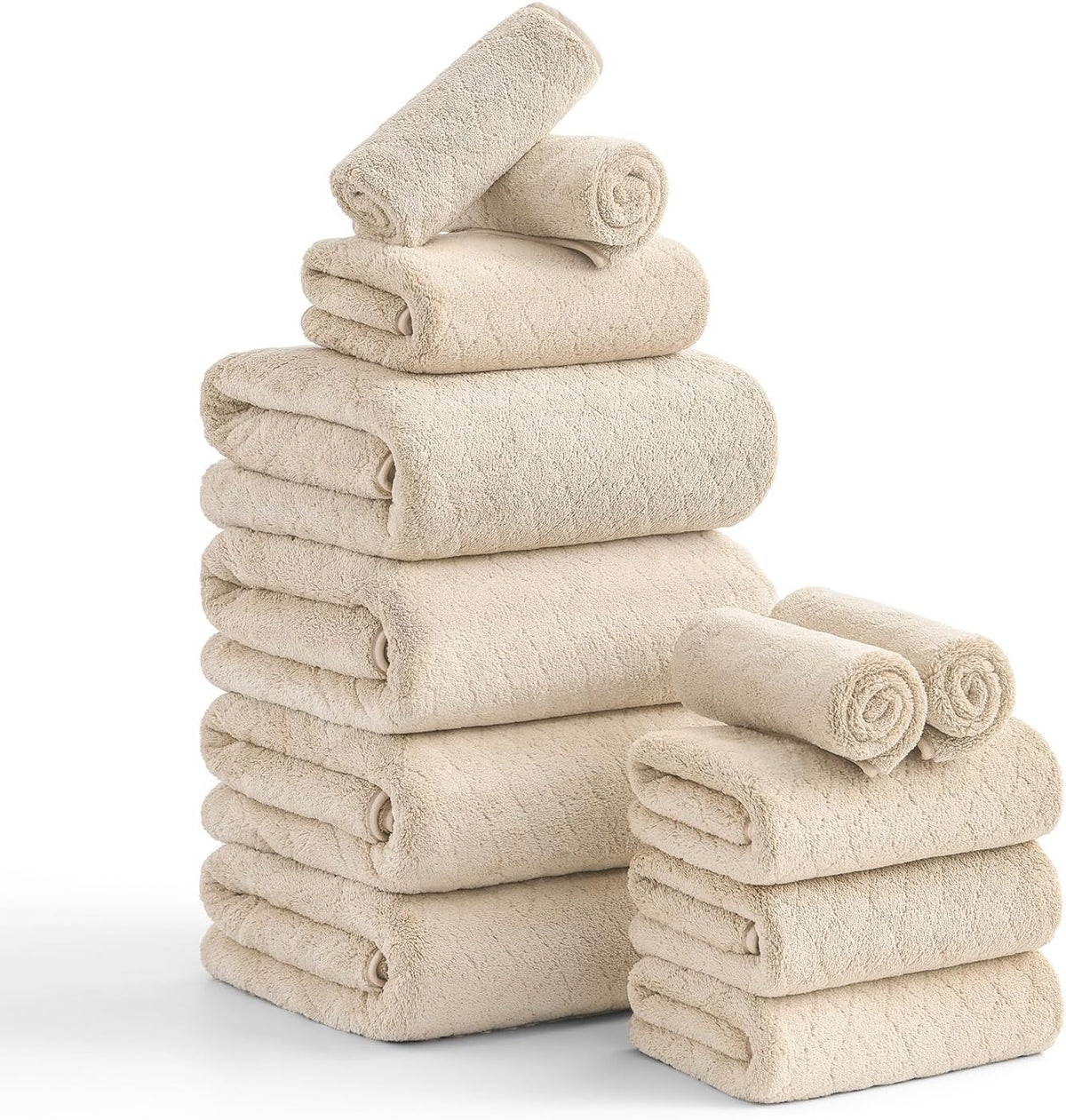 Hailea Luxury Bath Towels Set - 12 Piece (4 Large Bath Towels,4 Hand Towels,4 Washcloths), 100% Microfiber,Extra Absorbent Super Soft & Quick Dry,Complete Family Pack for Bathroom Gym Pool,Camel