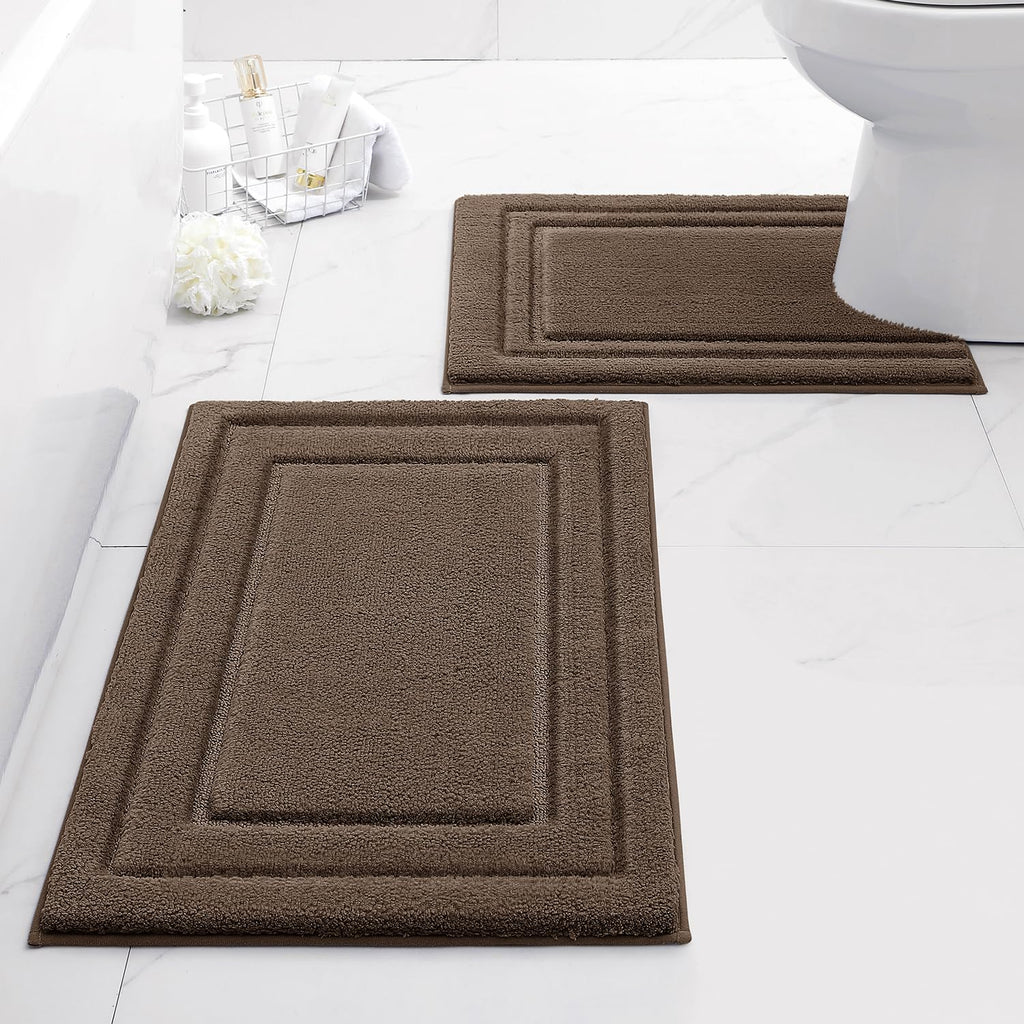 HOMEIDEAS Bathroom Rugs Sets 2 Piece, Super Soft and Absorbent Non Slip Microfiber Machine Washable Bath Mat Set (20" x 32" + 16" x 24", Brown)