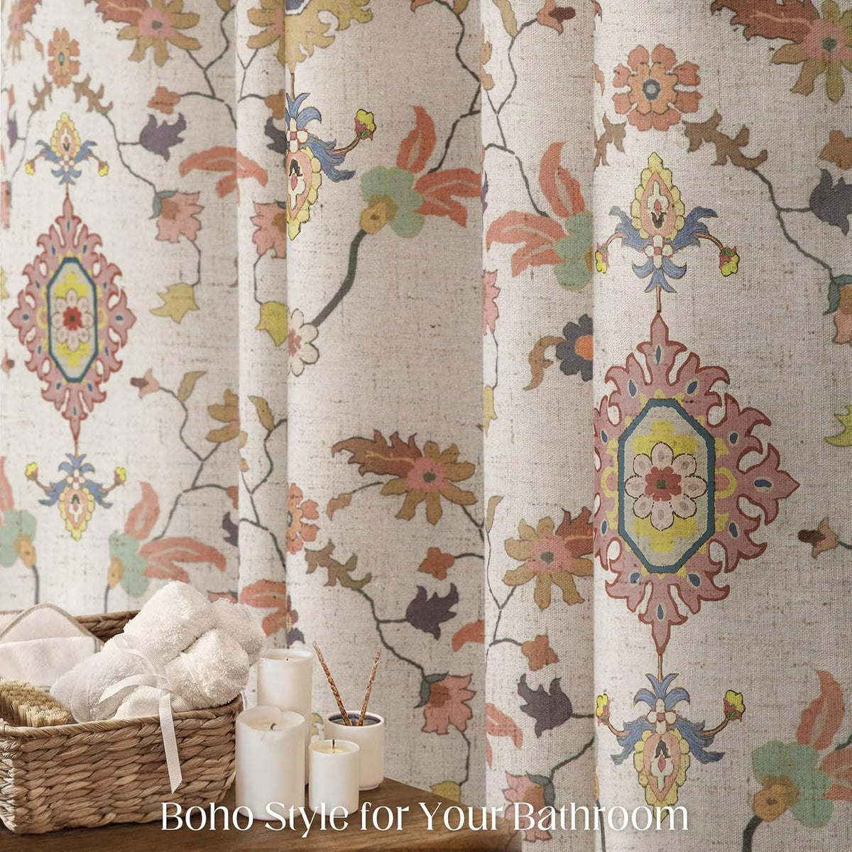 Boho Floral Shower Curtain, Vintage Cottage Core Shower Curtains for Bathroom, 72Wx72H Inch