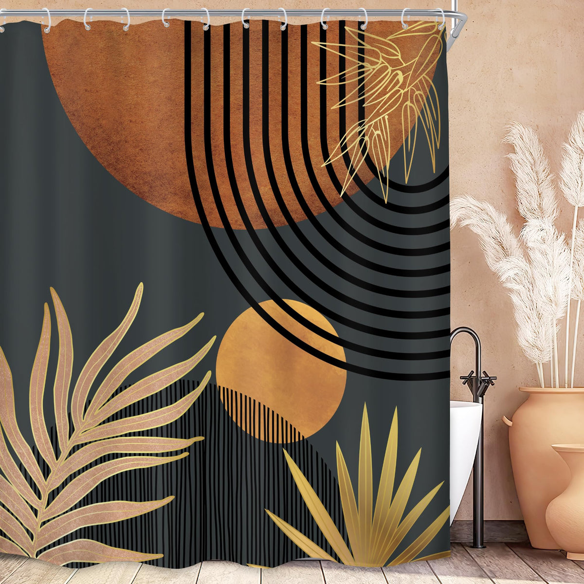 Mid Century Green Orange Boho Abstract Modern Bathroom Shower Curtain Set