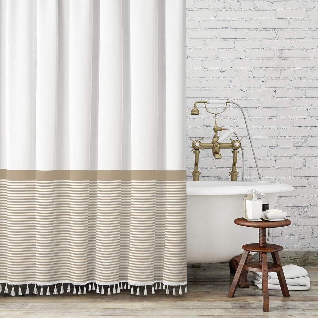 Seasonwood Black and White Shower Curtain Striped with Tassels 72 x 72