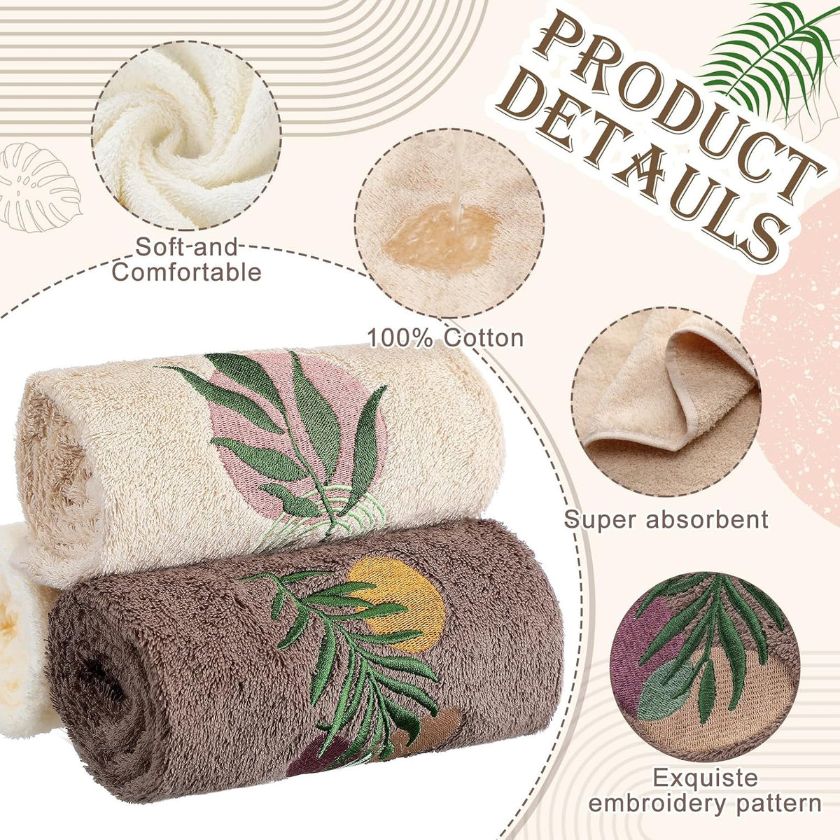 Hahafelt 3 Pack Boho Leaves Hand Towels for Bathroom, 100% Cotton