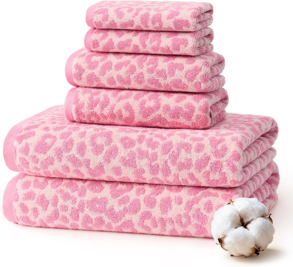 REDKISS Leopard Print Towel Set of 6,100% Cotton Bathroom Towels,Quick Dry & Absorbent,2 Bath Towel, 2 Hand Towel, 2 Washcloth-Pink