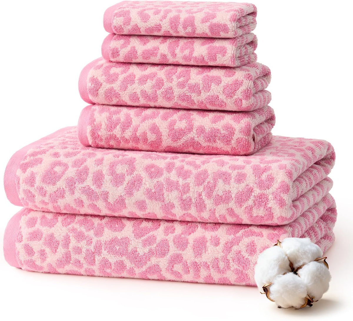REDKISS Leopard Print Towel Set of 6,100% Cotton Bathroom Towels,Quick Dry & Absorbent,2 Bath Towel, 2 Hand Towel, 2 Washcloth-Pink