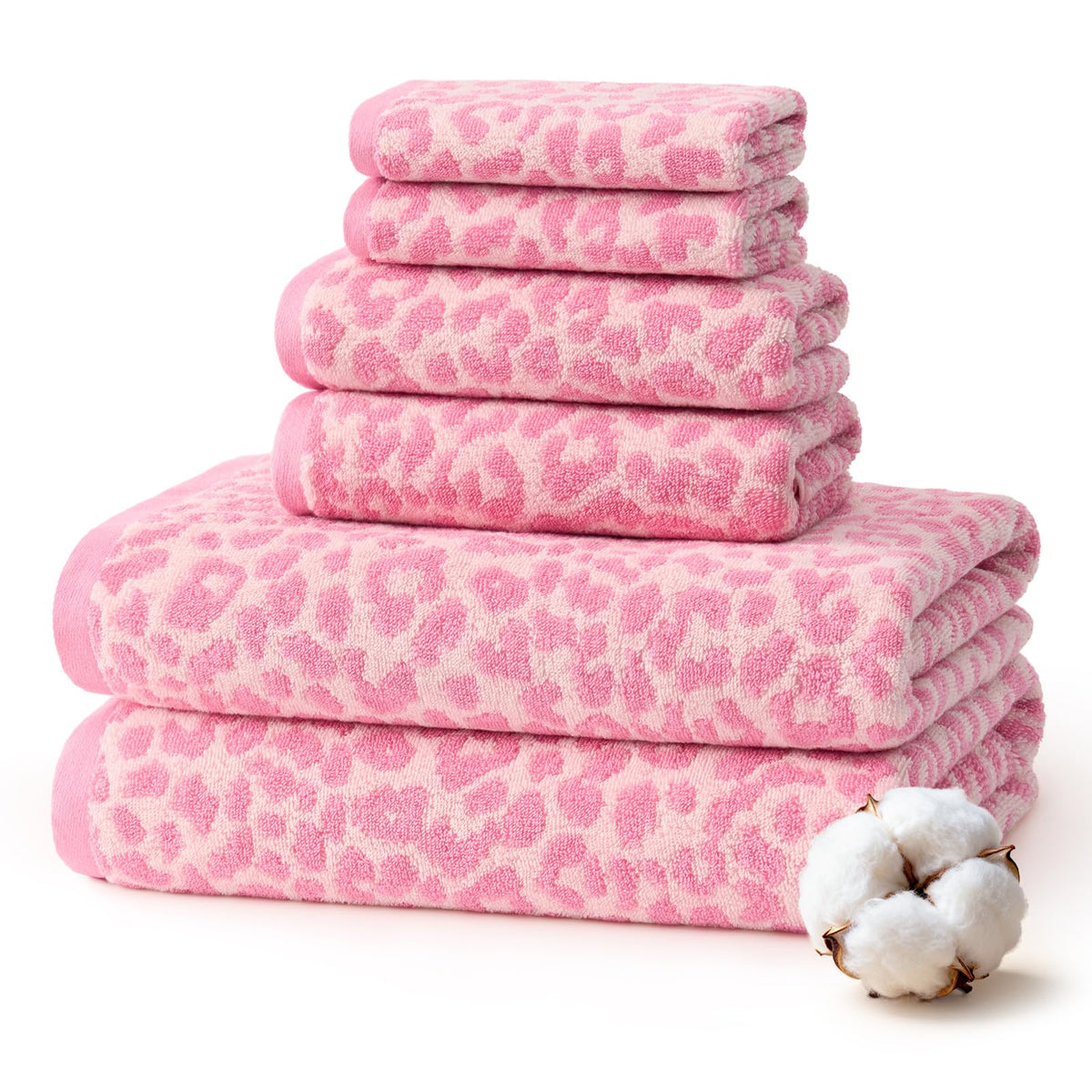 REDKISS Leopard Print Towel Set of 6,100% Cotton Bathroom Towels,Quick Dry & Absorbent,2 Bath Towel, 2 Hand Towel, 2 Washcloth-Pink