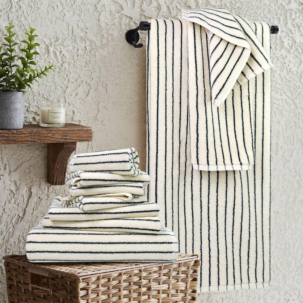 8 Piece Black and Ivory Towel Set, Super Soft & Absorbent Cotton Striped