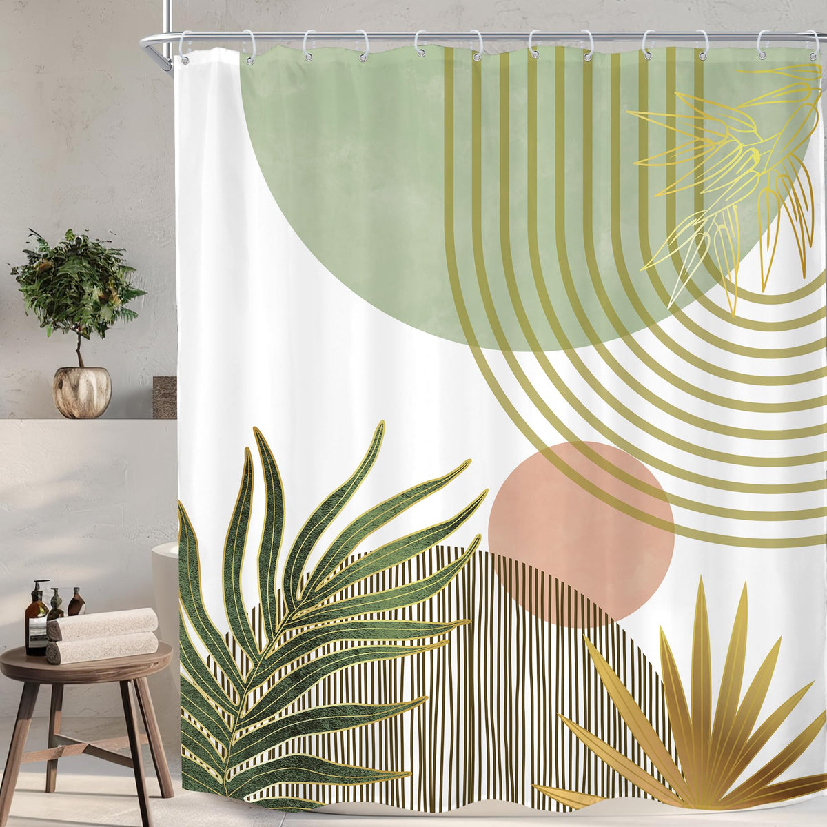 Mid Century Green Orange Boho Abstract Modern Bathroom Shower Curtain Set