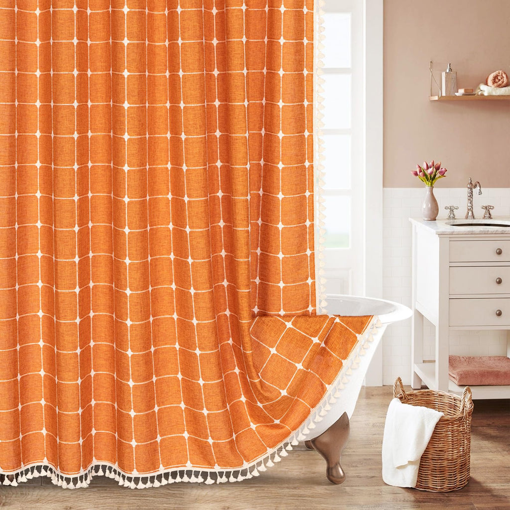 Boho Farmhouse Classic Plaid Linen Tassel Shower Curtain Blue,72x72