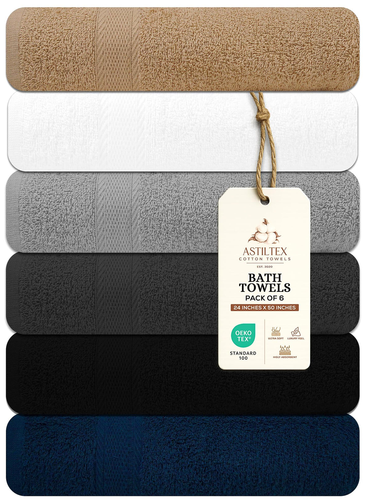 Bath Towels Pack of 6 – 24" x 48" – 100% Cotton Terry, Soft, Quick-Dry & Highly Absorbent – Navy Blue Towels for Bathroom, Spa, Gym, Hotel, Pool & Everyday Use