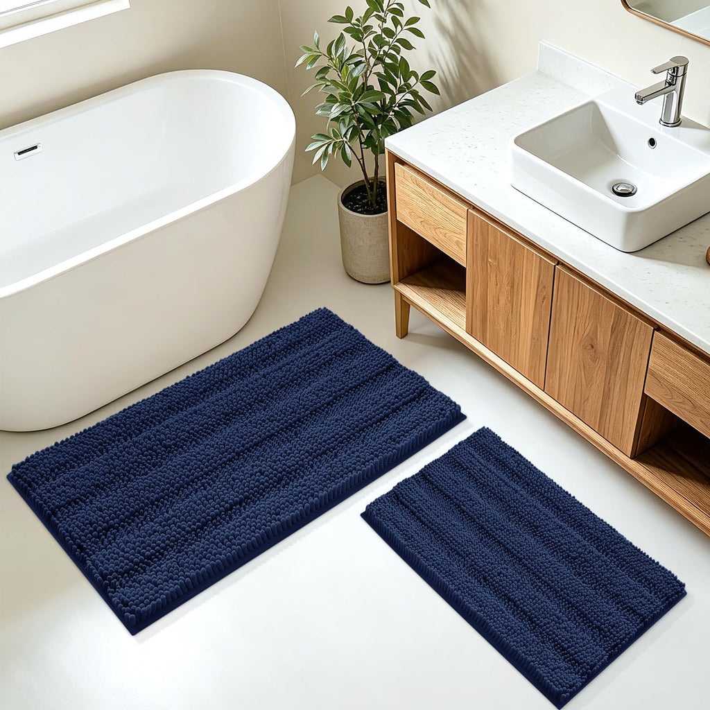 ACCUMTEK Striped Navy Blue Bathroom Rug Set 3 Pieces Ultra Soft, Non Slip Chenille Toilet Mat, Absorbent Plush Shaggy Bath Mats for Bathroom, Bedroom, Kitchen