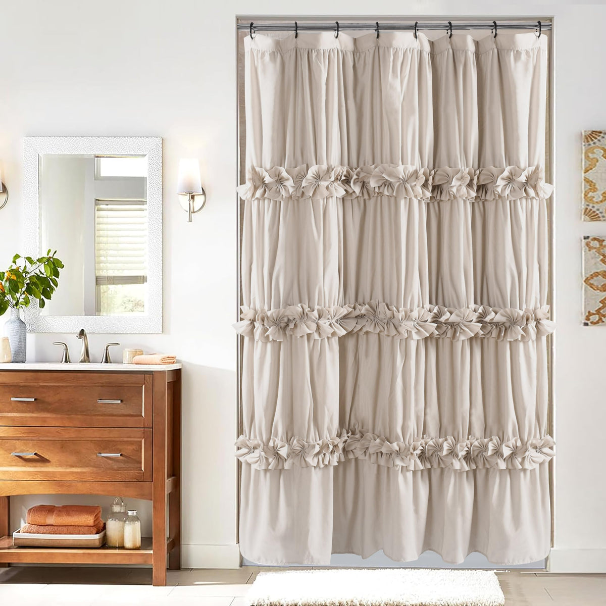 Homechoice Decor Victorian White Ruffle Shower Curtain with 12 Buttonholes