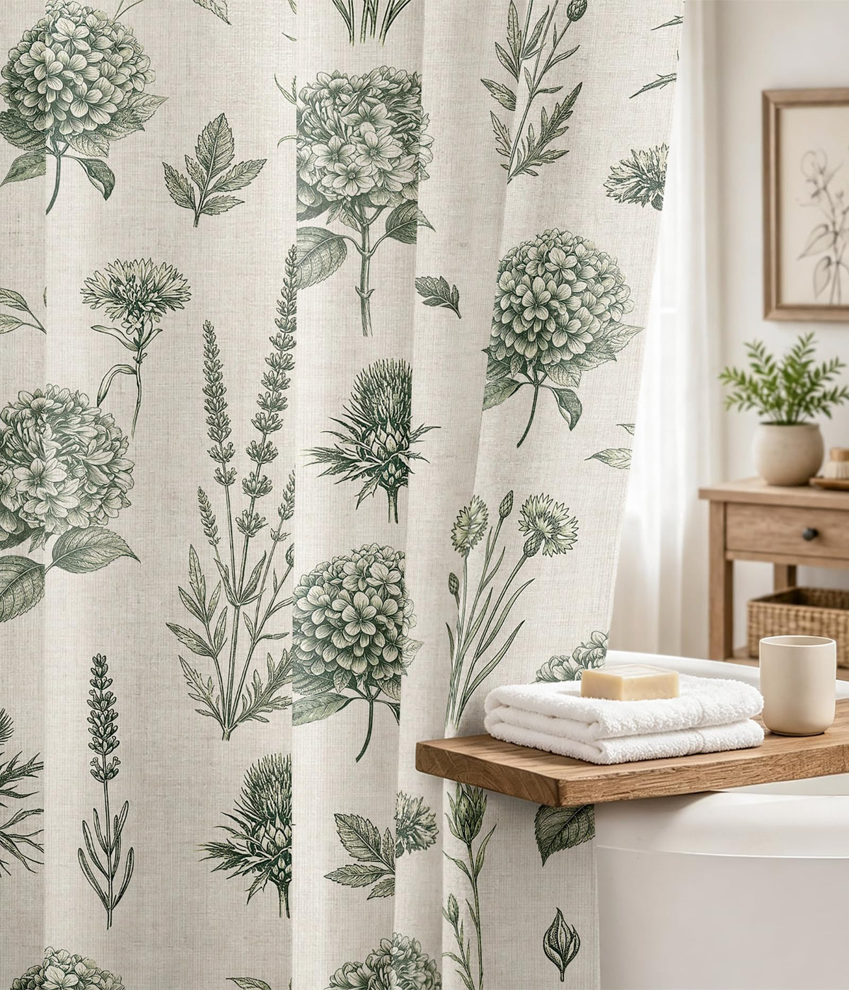 MAMUSE Linen Shower Curtain for Bathroom - Cute Aesthetic Decorative Modern Girly Unique Girls Design Farmhouse Women Waterproof Cortinas de Baño Bathtub 72 x 72 Inch, Sage Flower