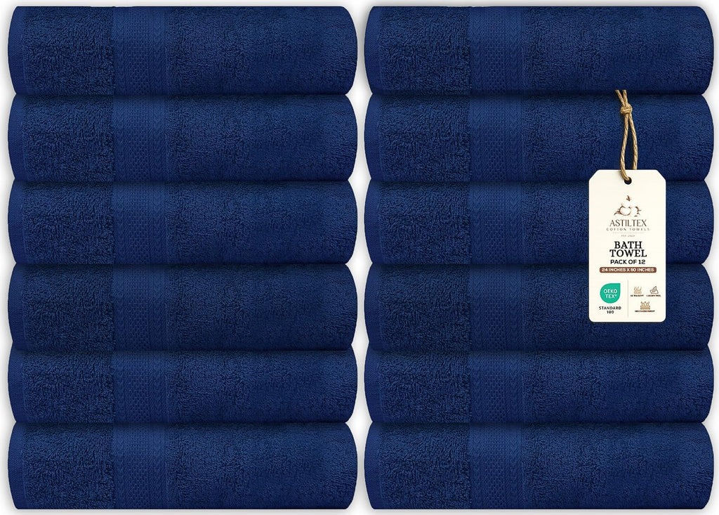 Bath Towels Pack of 6 – 24" x 48" – 100% Cotton Terry, Soft, Quick-Dry & Highly Absorbent – Navy Blue Towels for Bathroom, Spa, Gym, Hotel, Pool & Everyday Use