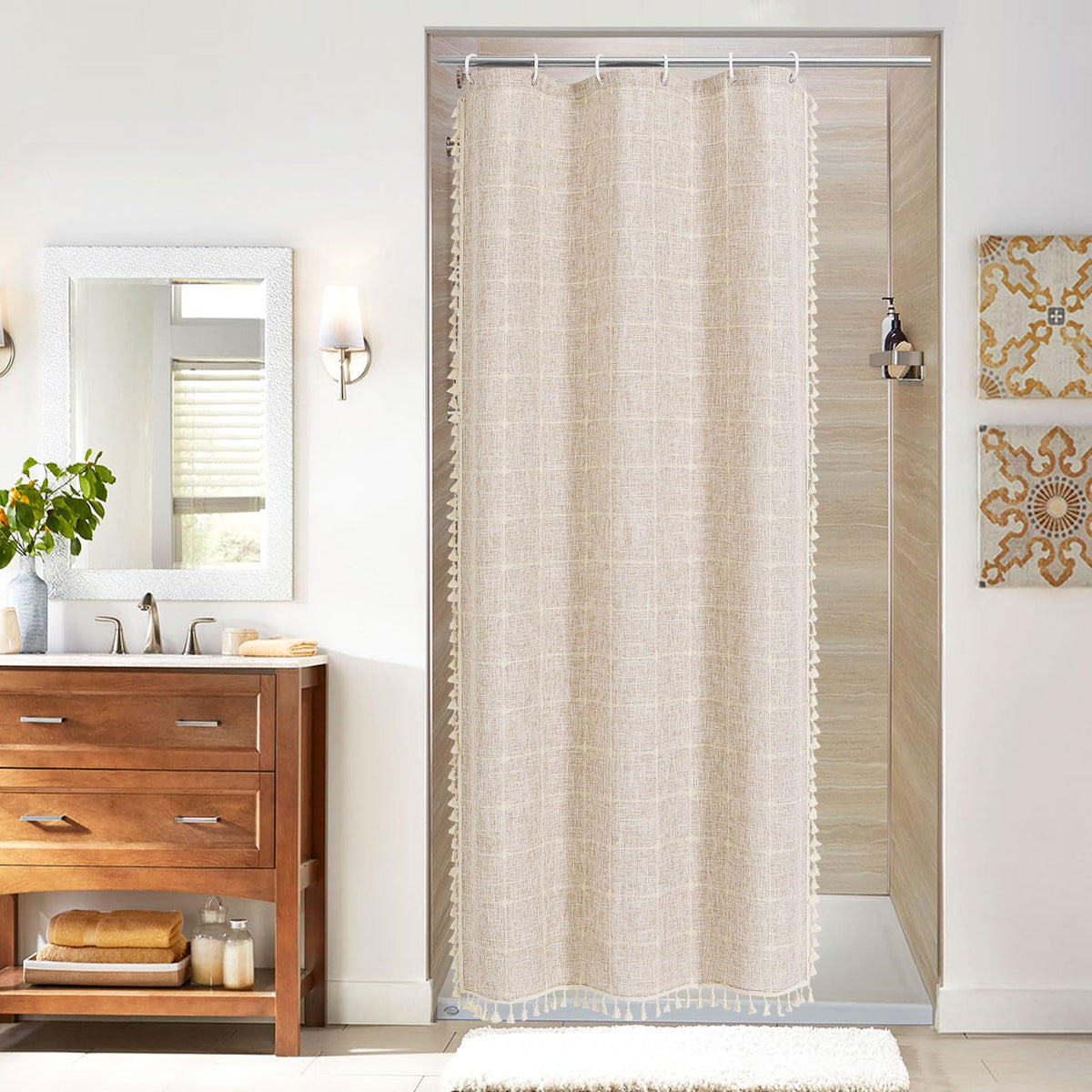 Boho Farmhouse Classic Plaid Linen Tassel Shower Curtain Blue,72x72