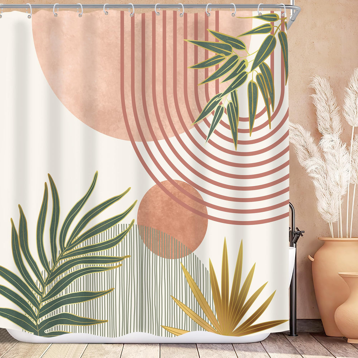 Mid Century Green Orange Boho Abstract Modern Bathroom Shower Curtain Set