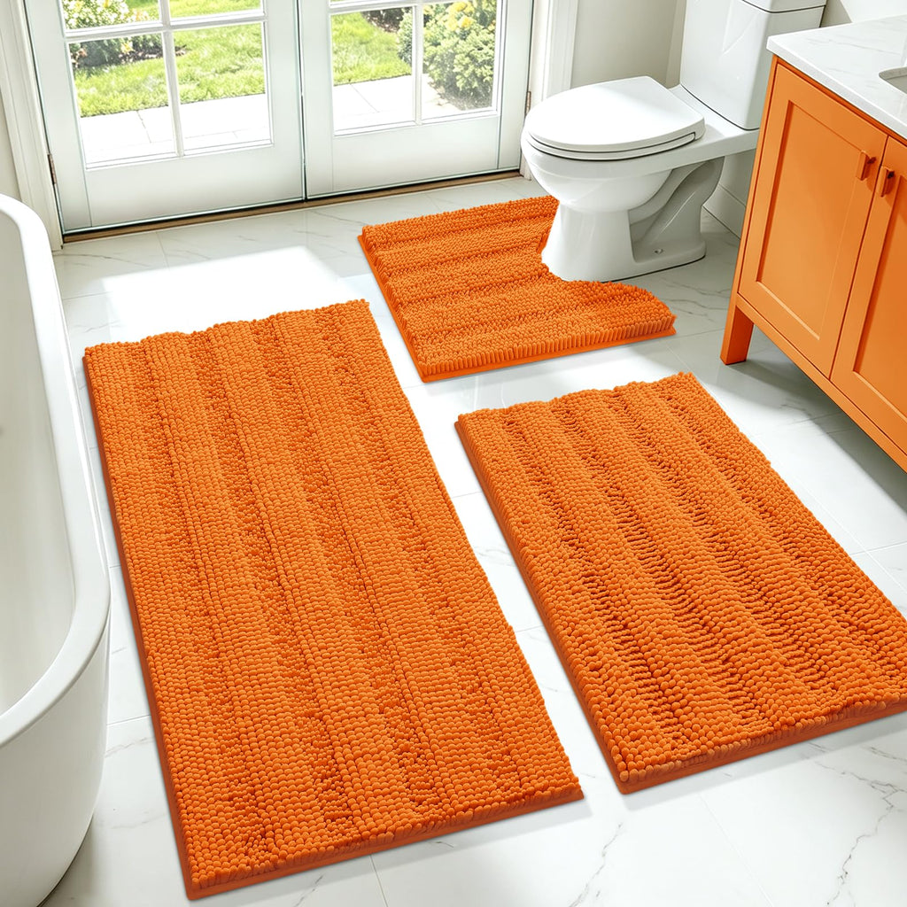 ACCUMTEK Striped Navy Blue Bathroom Rug Set 3 Pieces Ultra Soft, Non Slip Chenille Toilet Mat, Absorbent Plush Shaggy Bath Mats for Bathroom, Bedroom, Kitchen