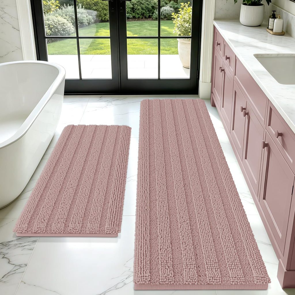 ACCUMTEK Striped Navy Blue Bathroom Rug Set 3 Pieces Ultra Soft, Non Slip Chenille Toilet Mat, Absorbent Plush Shaggy Bath Mats for Bathroom, Bedroom, Kitchen