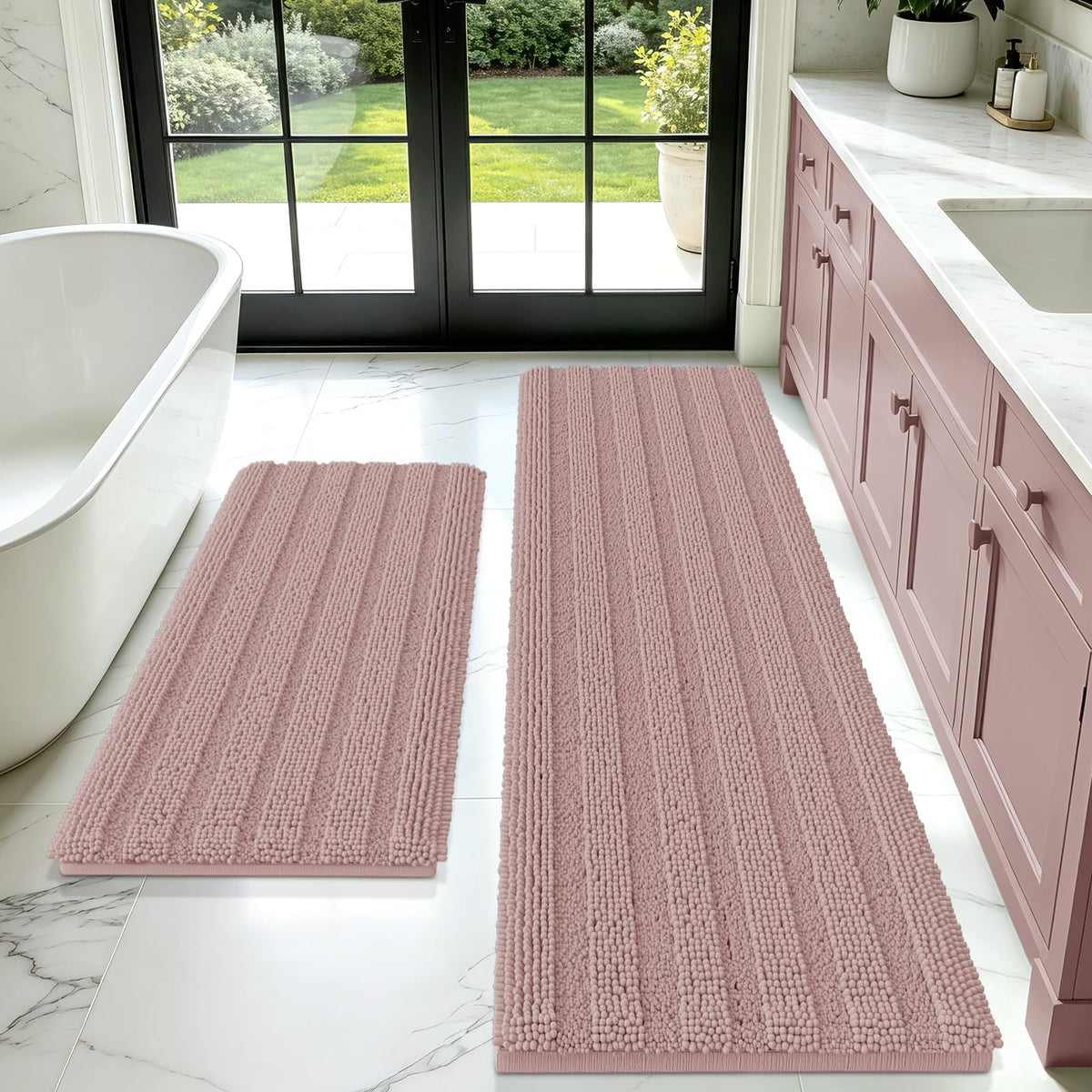 ACCUMTEK Striped Navy Blue Bathroom Rug Set 3 Pieces Ultra Soft, Non Slip Chenille Toilet Mat, Absorbent Plush Shaggy Bath Mats for Bathroom, Bedroom, Kitchen