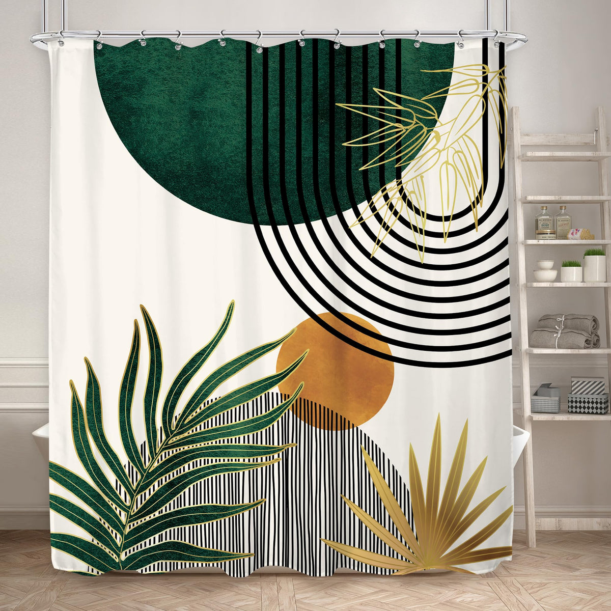 Mid Century Green Orange Boho Abstract Modern Bathroom Shower Curtain Set