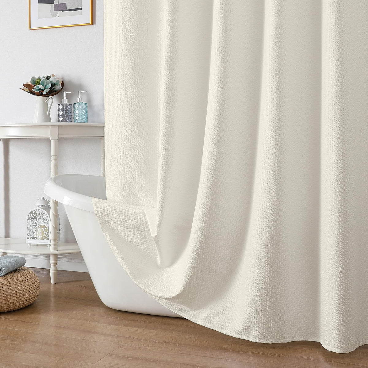 OWENIE White Shower Curtain for Bathroom 84 Inches Extra Long, Elegant 3D Embossed Textured Cloth Waffle Shower Curtain, Modern Luxury Hotel Style, Water Repellent, Machine Washable, 72X84, White