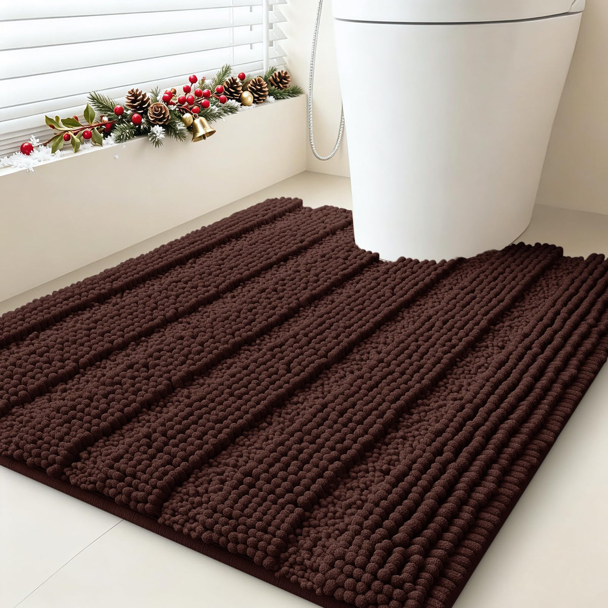 ACCUMTEK Striped Navy Blue Bathroom Rug Set 3 Pieces Ultra Soft, Non Slip Chenille Toilet Mat, Absorbent Plush Shaggy Bath Mats for Bathroom, Bedroom, Kitchen