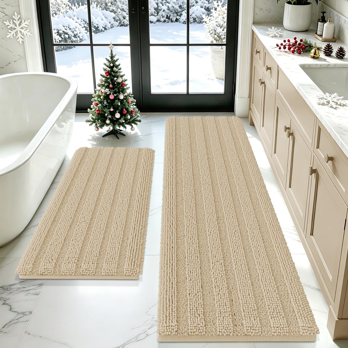 ACCUMTEK Striped Navy Blue Bathroom Rug Set 3 Pieces Ultra Soft, Non Slip Chenille Toilet Mat, Absorbent Plush Shaggy Bath Mats for Bathroom, Bedroom, Kitchen