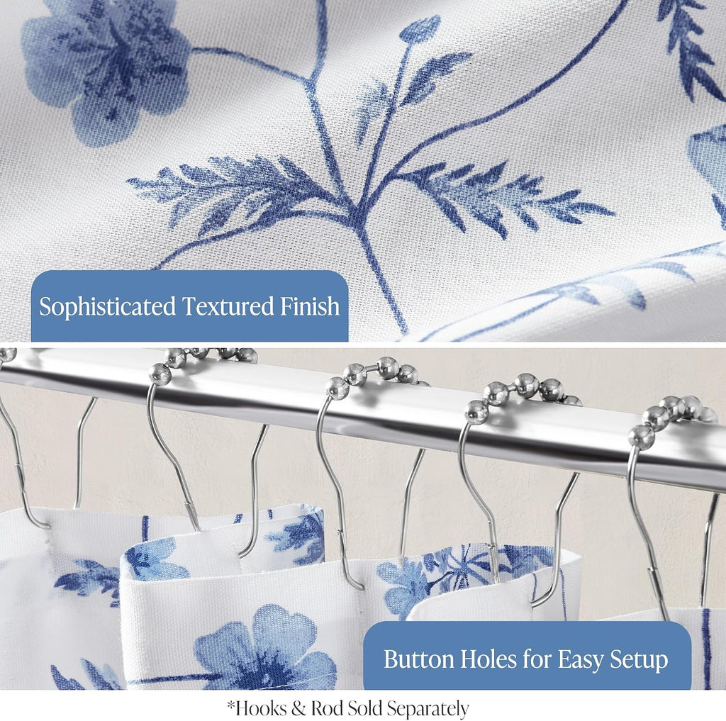 Martha Stewart 100% Cotton Floral Shower Curtain, 72 x 72, Blue