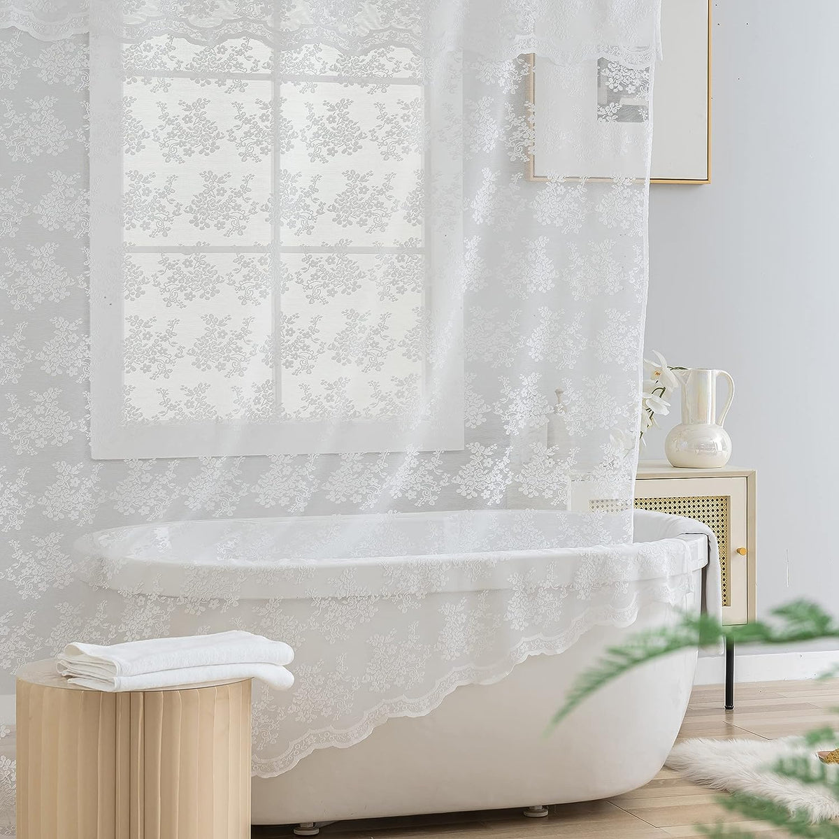 TUDECO White Lace Shower Curtain with Attached Valance 72 x 72 Inch