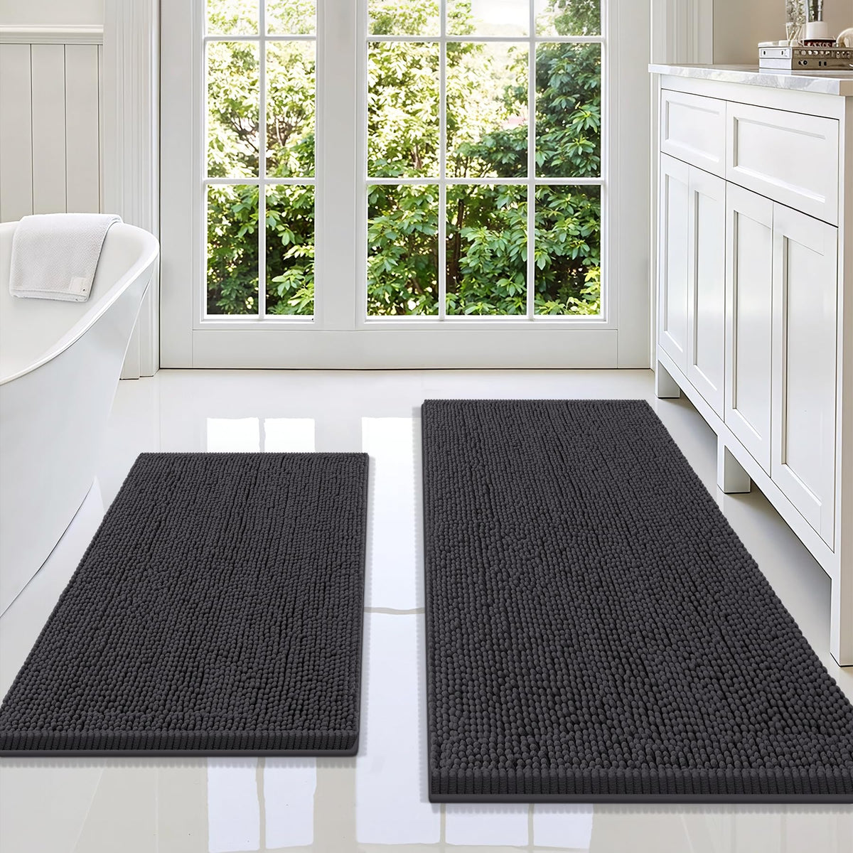 Smiry Chenille Bathroom Rugs Sets 2 Piece (30x20+24x16, Black)