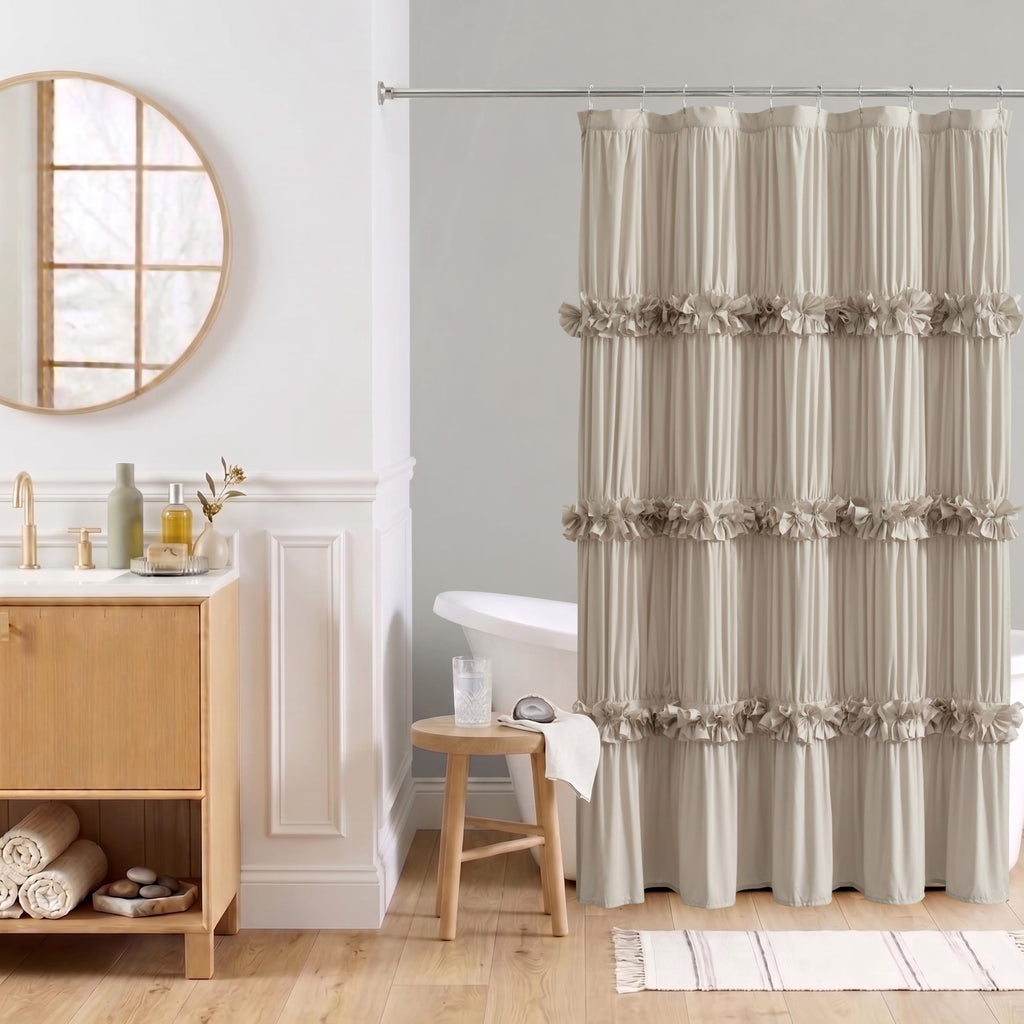 Homechoice Decor Victorian White Ruffle Shower Curtain with 12 Buttonholes