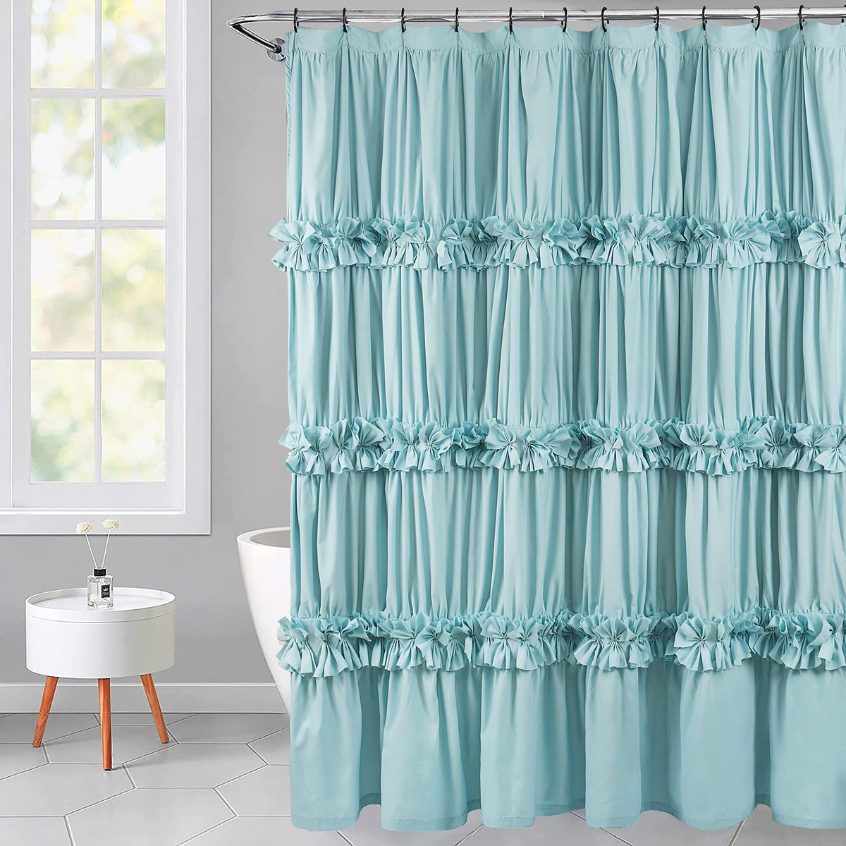 Homechoice Decor Victorian White Ruffle Shower Curtain with 12 Buttonholes