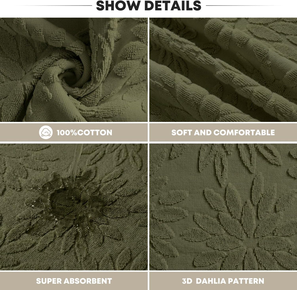 Artoid Mode 2 Pcs Olive Green 3D Dahlia Floral Jacquard Hand Towels for Bathroom, Cotton Soft Absorbent Bathroom Decor Towels, 13.7 x 29.5 Inch