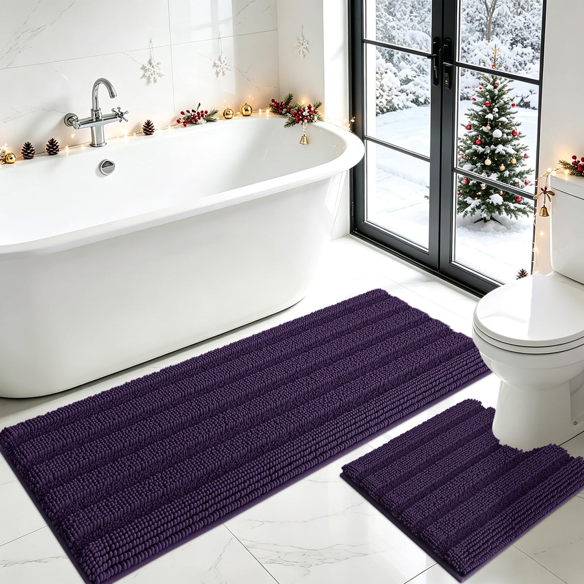 ACCUMTEK Striped Navy Blue Bathroom Rug Set 3 Pieces Ultra Soft, Non Slip Chenille Toilet Mat, Absorbent Plush Shaggy Bath Mats for Bathroom, Bedroom, Kitchen