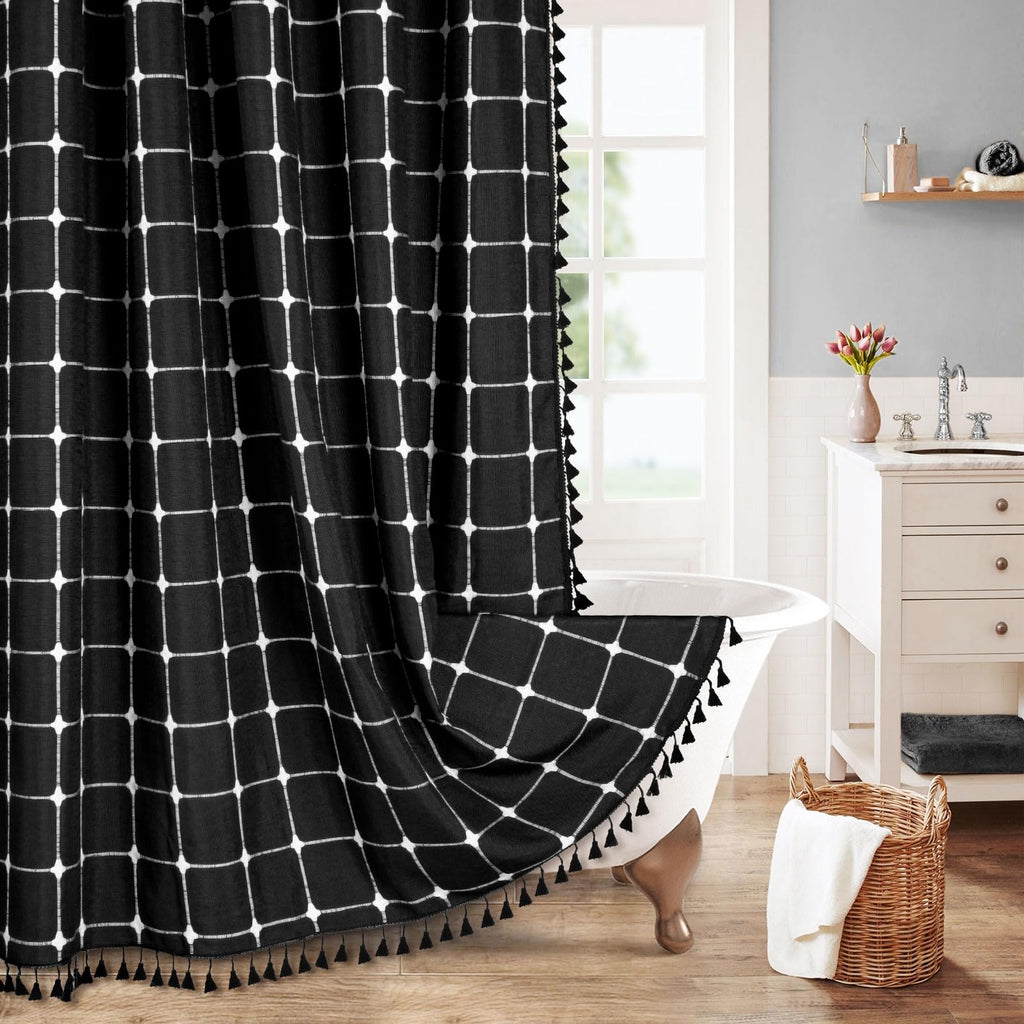 Boho Farmhouse Classic Plaid Linen Tassel Shower Curtain Blue,72x72