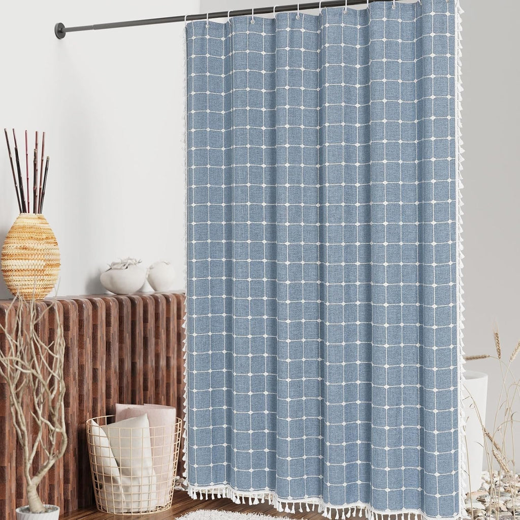 Boho Farmhouse Classic Plaid Linen Tassel Shower Curtain Blue,72x72