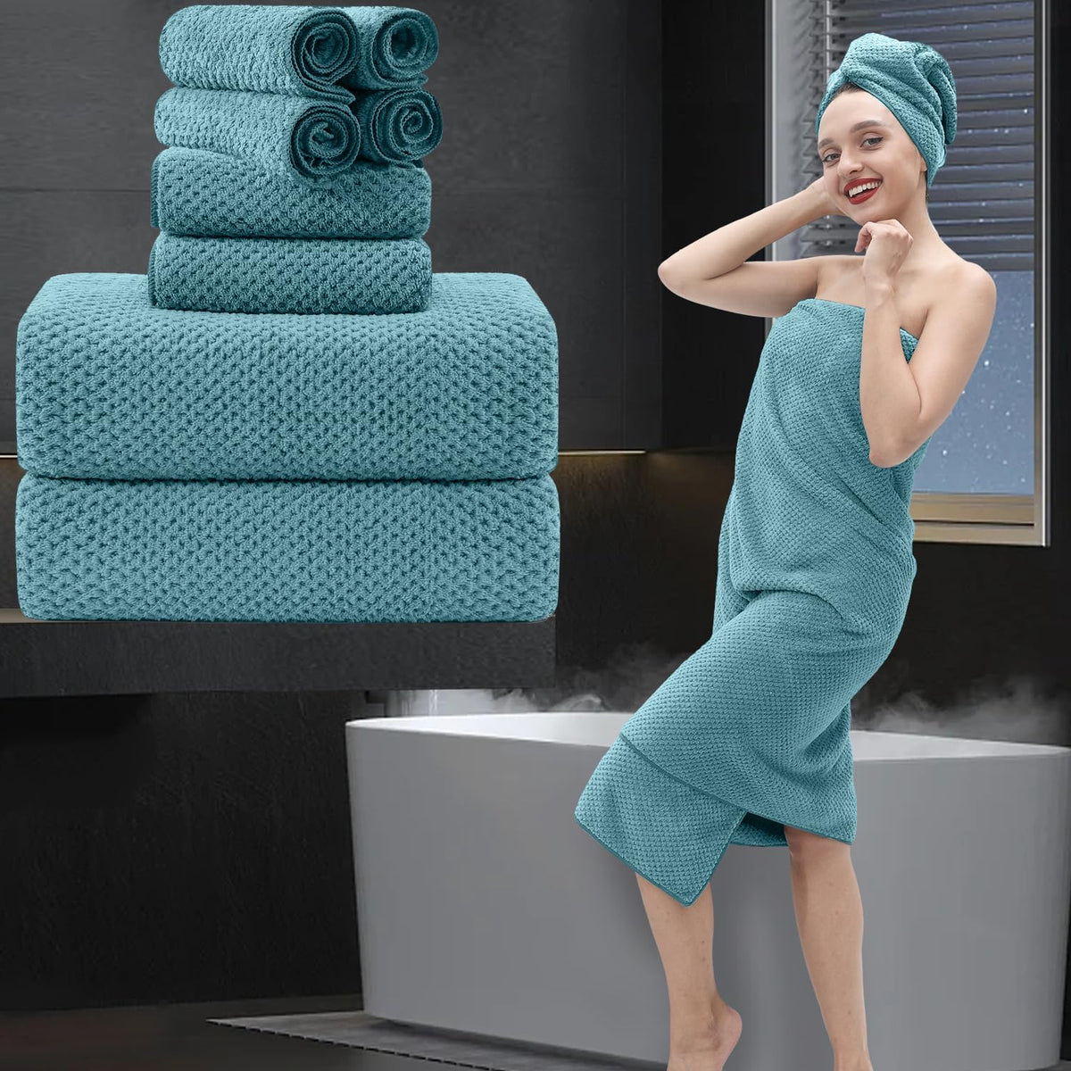 8 Piece Bathroom Towel Set Black White|2 Oversized Large Bath Towels Sheet,2 Hand Towels,4 Washcloths| 600GSM Soft Towel Set for Bathroom Hotel,Highly Absorbent Quick Dry Bath Towel Collections