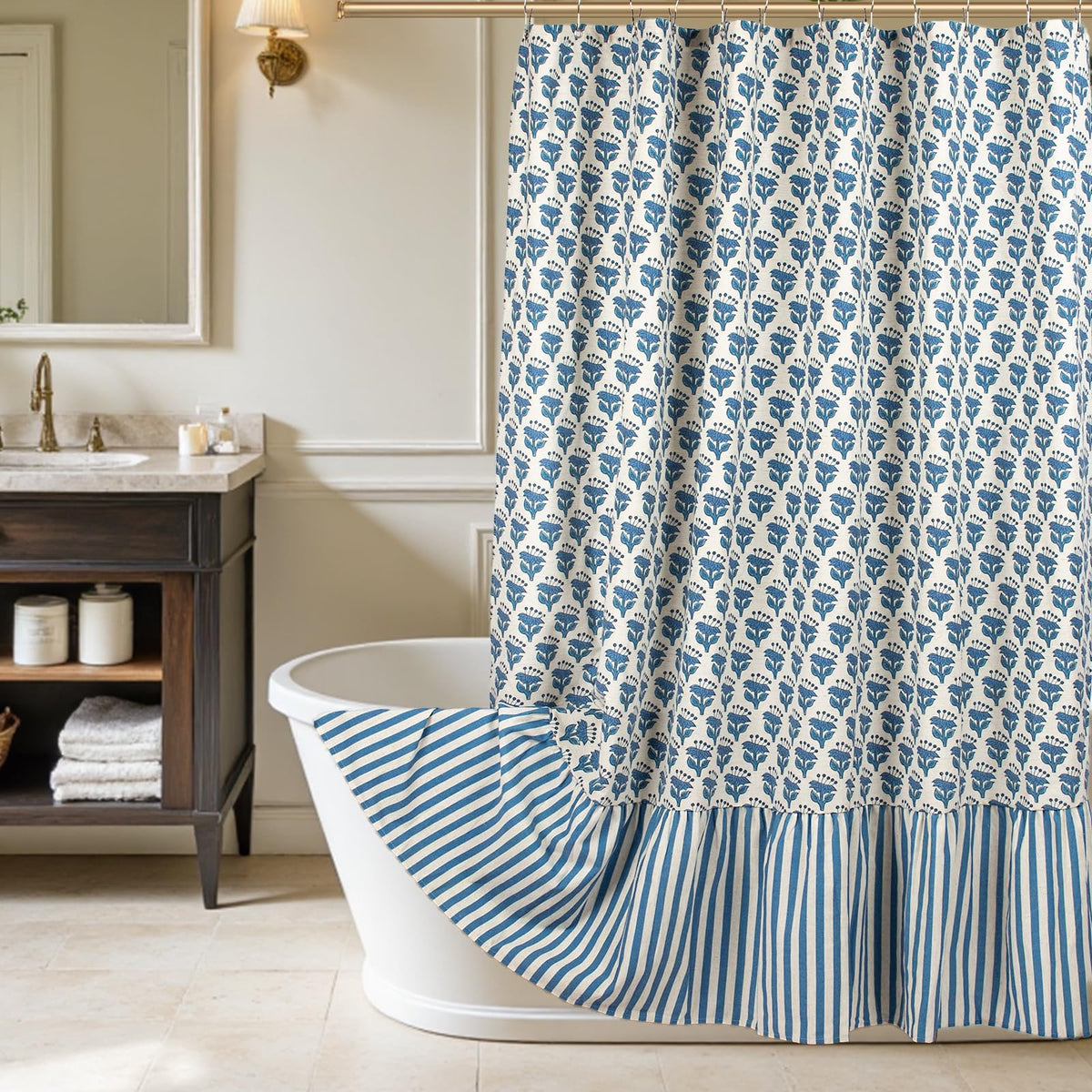 Linen Textured Ruffle Shower Curtain - Blue Vintage Floral Block Print, Boho Cottagecore Farmhouse French Country Bathroom Decor Set, 72x72 Inches