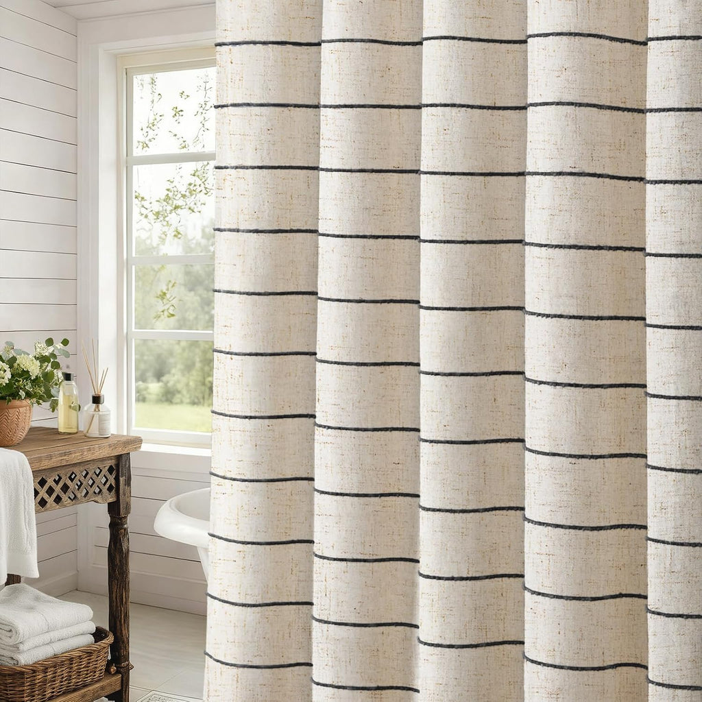 Striped Linen Shower Curtain for Bathroom, Black and Beige 72 W x 84 H