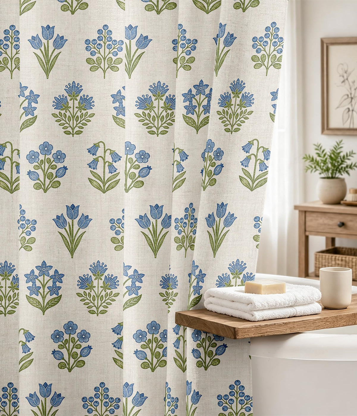 MAMUSE Linen Shower Curtain for Bathroom - Cute Aesthetic Decorative Modern Girly Unique Girls Design Farmhouse Women Waterproof Cortinas de Baño Bathtub 72 x 72 Inch, Sage Flower