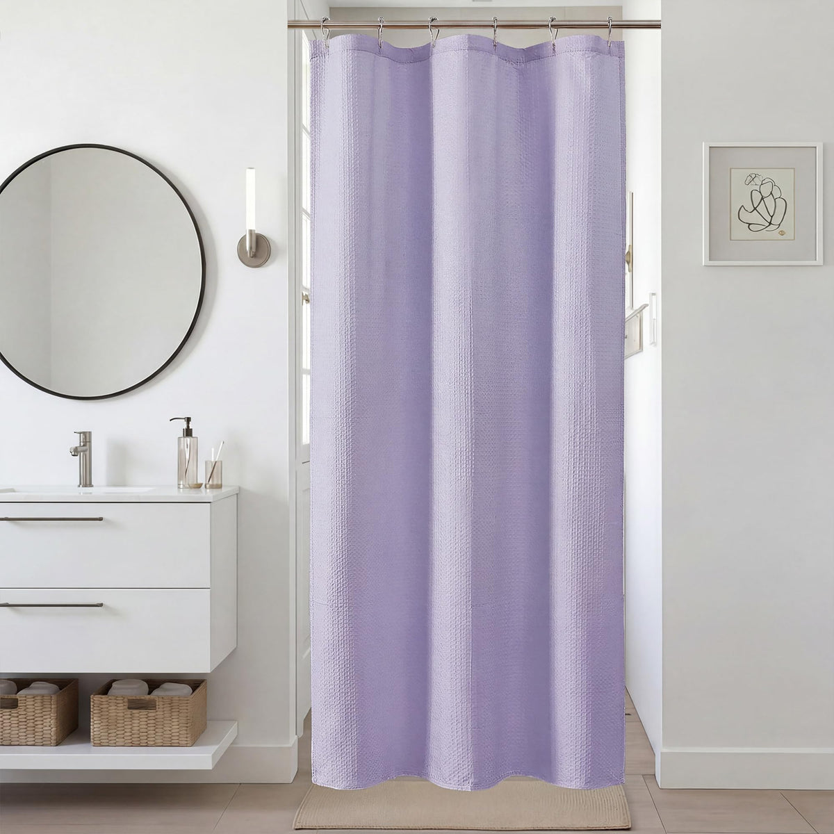 Navy Blue Shower Curtain 72 Inch Length 1 Piece, Waffle Embossed Textured Soft Fabric Hotel Shower Curtain for Bathroom, Modern Polyester Water Repellent Cloth Bath Decor, 72Wx72L Inches