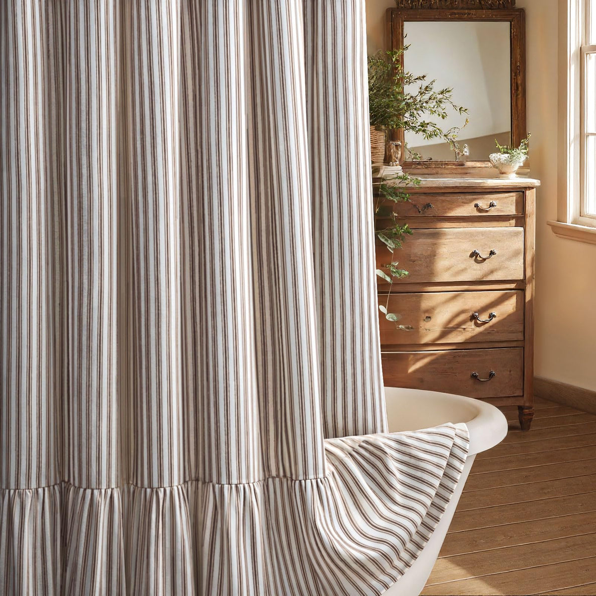 Farmhouse Shower Curtain Ruffle Linen Cream-Brown Stripe 72"W x 72"L