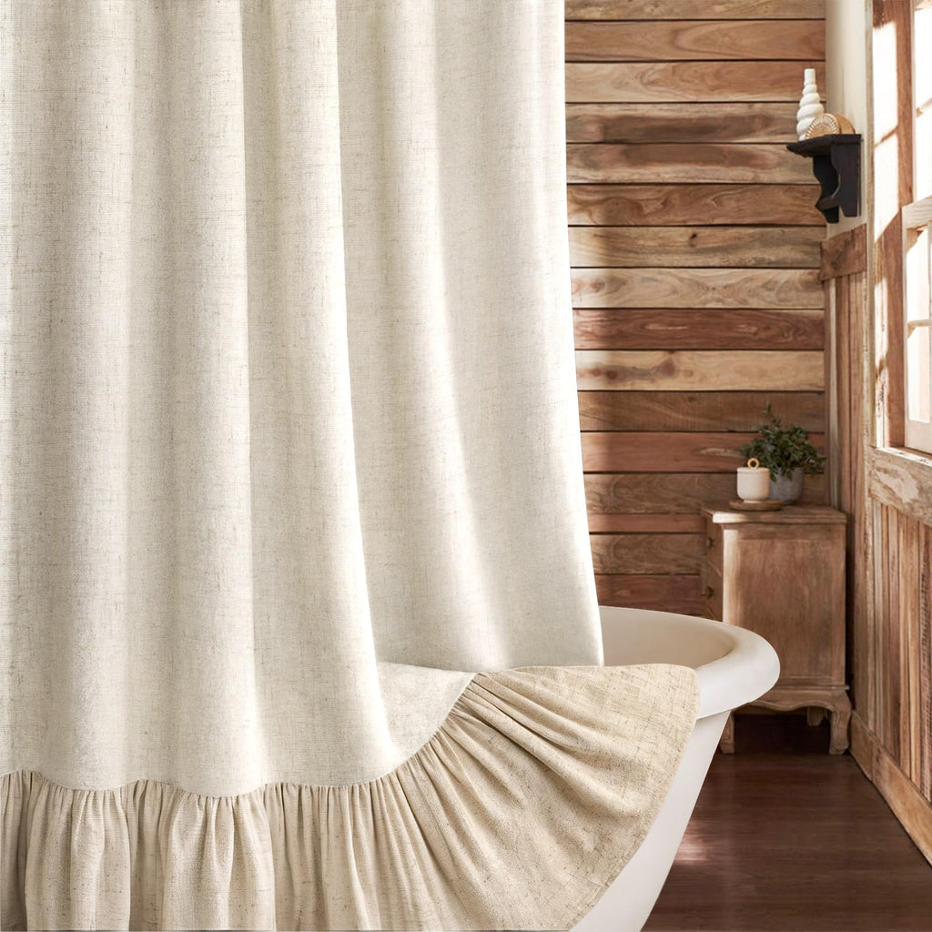 Farmhouse Shower Curtain Ruffle Linen Cream-Beige Stripe 72"W x 72"L