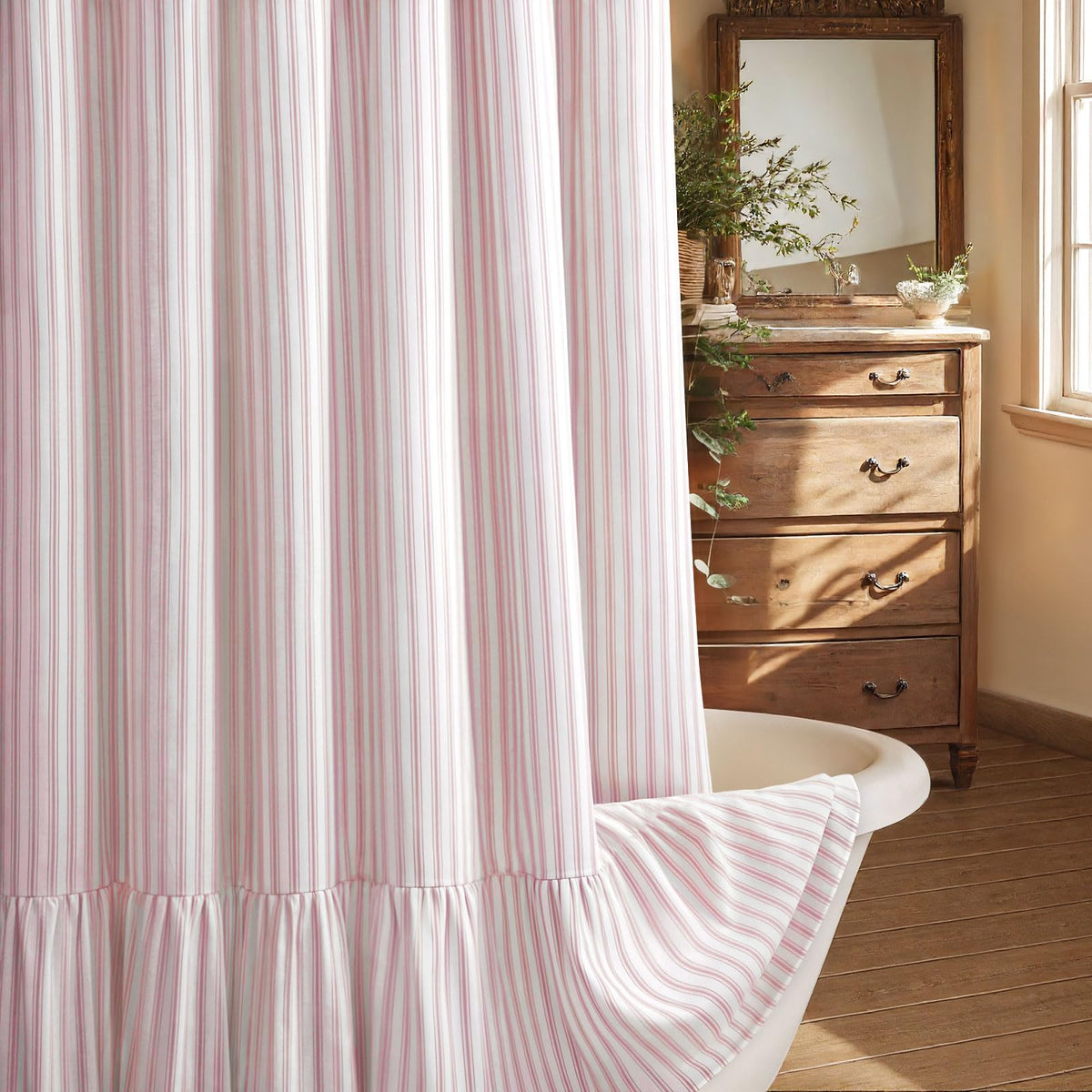 Farmhouse Shower Curtain Ruffle Linen Cream-Brown Stripe 72"W x 72"L