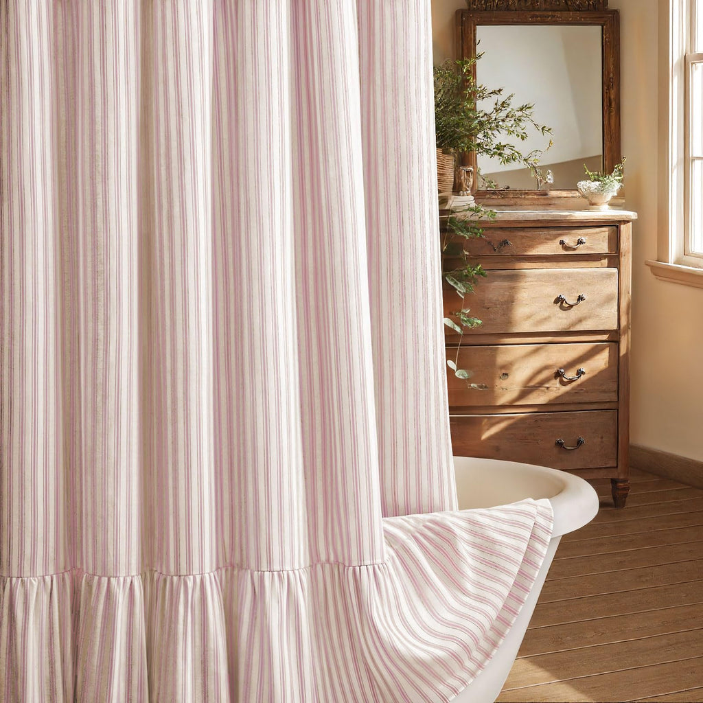 Farmhouse Shower Curtain Ruffle Linen Cream-Beige Stripe 72"W x 72"L