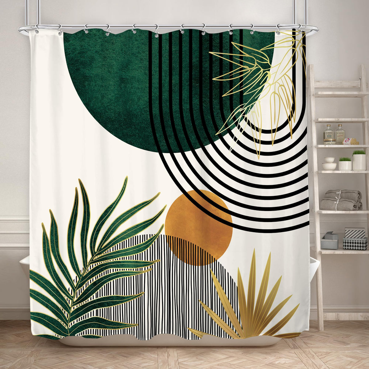 Mid Century Green Orange Boho Abstract Modern Bathroom Shower Curtain Set