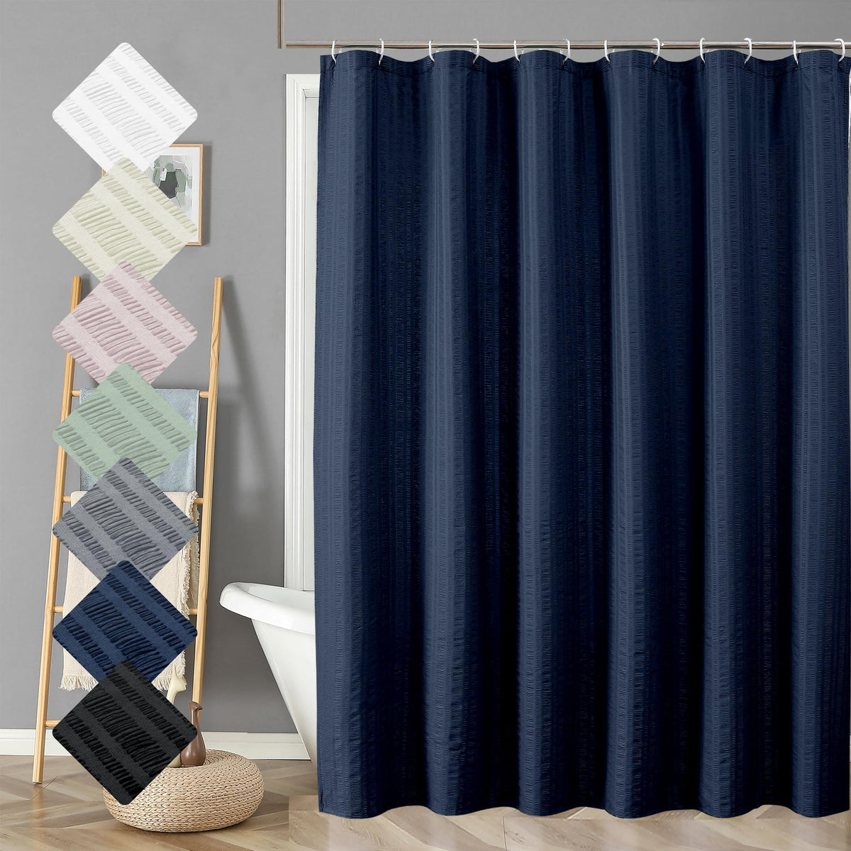 Aiyufeng Moga Navy Blue Fabric Shower Curtains for Bathroom - Blue Hotel Spa Polyester Cloth Bath Curtain with 12 Holes, 72x72, Machine Washable, Navy Blue