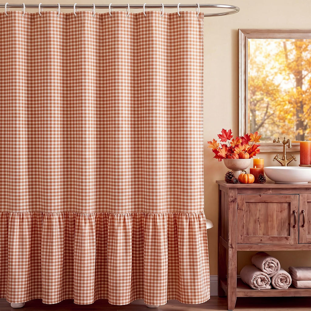 HunnmingRe Ruffled Gingham Shower Curtain Red