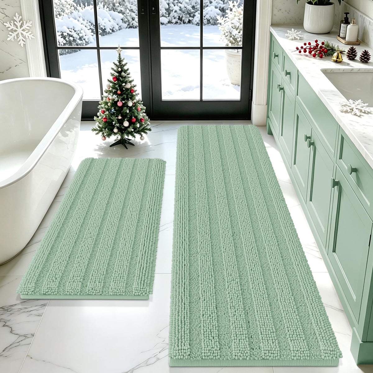 ACCUMTEK Striped Navy Blue Bathroom Rug Set 3 Pieces Ultra Soft, Non Slip Chenille Toilet Mat, Absorbent Plush Shaggy Bath Mats for Bathroom, Bedroom, Kitchen