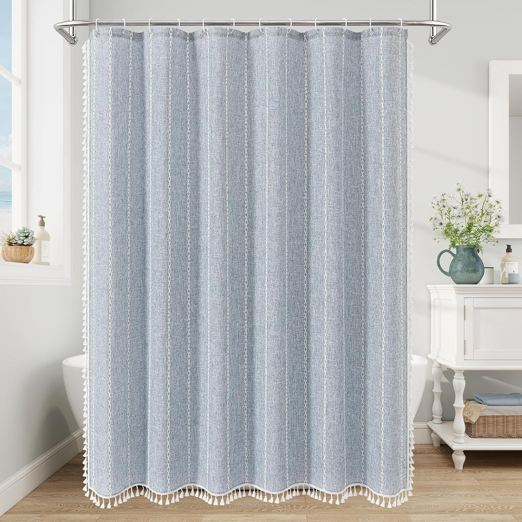 Boho Farmhouse Tassel Linen Shower Curtain,3D Embroidery Stripe Blue,72x72