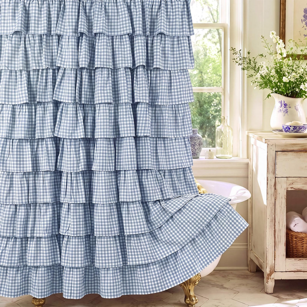 HunnmingRe Ruffled Gingham Shower Curtain Red